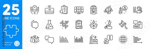 Outline icons set. Creative idea, Teamwork chart and Globe icons. Safe time, Messenger, Electricity factory web elements. Innovation, Speech bubble, Internet documents signs. Puzzle. Vector