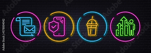 Phone insurance, Mail letter and Coffee cocktail minimal line icons. Neon laser 3d lights. Employee results icons. For web, application, printing. Full coverage, Read e-mail, Milkshake. Chart. Vector
