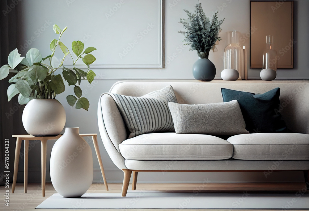 Scandi living room interior with big sofa and modern picture on the wall, AI Generated Scandi living room interior with big sofa and modern picture on the wall, AI Generated