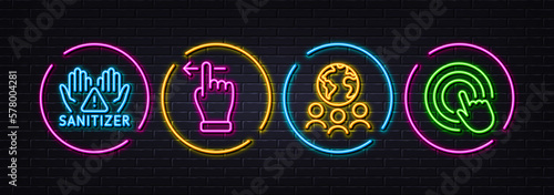 Global business, Touchscreen gesture and Clean hands minimal line icons. Neon laser 3d lights. Click hand icons. For web, application, printing. Outsourcing, Slide left, Hygiene care. Vector