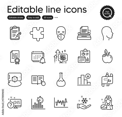 Set of Science outline icons. Contains icons as Online quiz, Chemistry lab and Report elements. Vaccine report, Nurse, Puzzle web signs. Stock analysis, Head, Read instruction elements. Vector