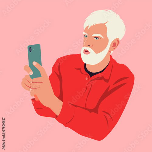 A shocked elderly male blogger with a beard takes pictures on his smartphone camera. Streaming video online. Photographer. Vector flat illustration