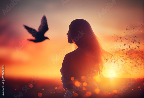Woman praying and free bird enjoying nature on sunset background, hope concept, AI Generated