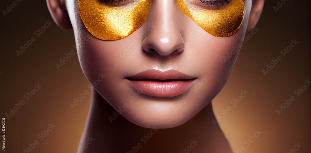 Close up of a young woman's eyes with golden eye patches. Natural feminine beauty, skin care and beauty concept. AI Generated