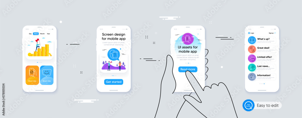 Set of Face biometrics, Smile chat and Financial app line icons. Phone ui interface. Include Lock, Teamwork questions, Video conference icons. Vector Set of Face biometrics, Smile chat and Financial app line icons. Phone ui interface. Include Lock, Teamwork questions, Video conference icons. Vector