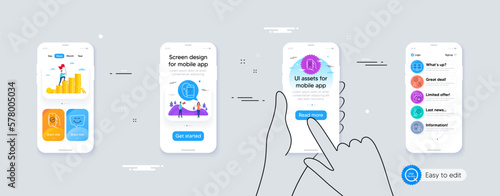 Set of Face biometrics, Smile chat and Financial app line icons. Phone ui interface. Include Lock, Teamwork questions, Video conference icons. Vector