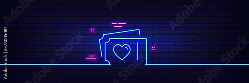 Neon light glow effect. Love tickets line icon. Valentines day sign. Couple relationships symbol. 3d line neon glow icon. Brick wall banner. Love tickets outline. Vector