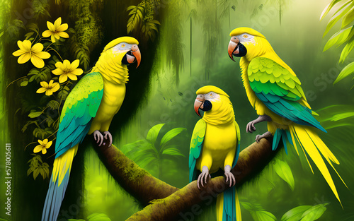 Three yellow parrots on a tree with yellow orchid in the jungle.Generative Al Illustration.