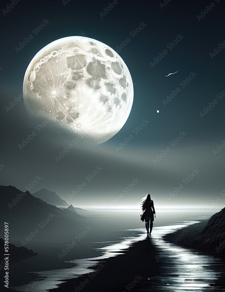 woman wolking towards the moon