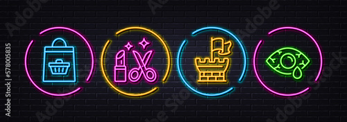 Online buying, Shield and Beauty minimal line icons. Neon laser 3d lights. Ð¡onjunctivitis eye icons. For web, application, printing. Shopping cart, Safe secure, Haircut and makeup salon. Vector