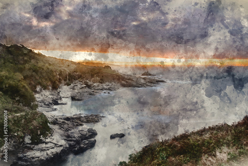 Digital watercolour painting of Dramatic landscape sunrise image at Prussia Cove in Cornwall England with atmospheric sky and ocean