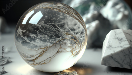 Bola de cristal e mármores brancos criado por IA