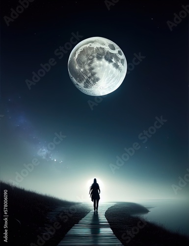 woman wolking towards the moon