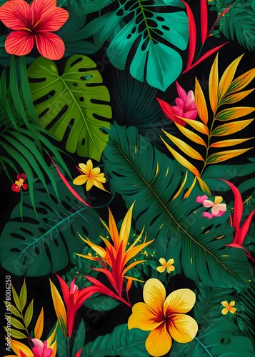 Jungle floral set pattern illustration, flat colorful design, trendy leaves, Generative AI