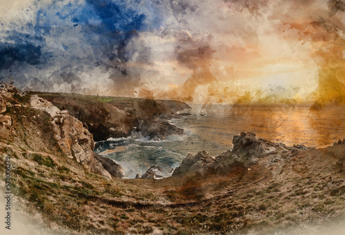 Digital watercolour painting of Stunning sunset landscape image of Cornwall cliff coastline with tin mines in background viewed from Pendeen Lighthouse headland