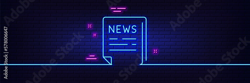 Neon light glow effect. Fake news line icon. Propaganda conspiracy newspaper sign. Wrong truth symbol. 3d line neon glow icon. Brick wall banner. Fake news outline. Vector