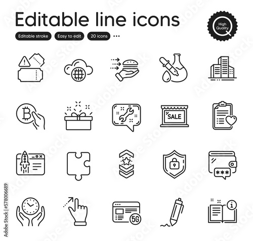 Set of Business outline icons. Contains icons as Food delivery, Patient history and 5g internet elements. Touchscreen gesture, Tickets, Shoulder strap web signs. Sale, Shield, Spanner elements. Vector
