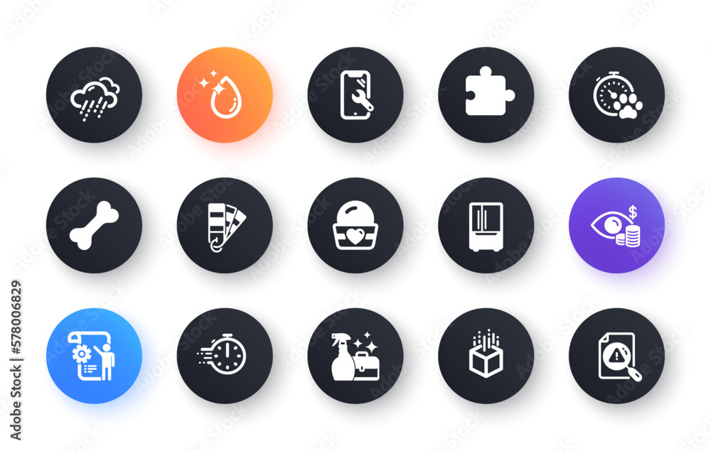 Minimal set of Cleanser spray, Smartphone repair and Cooking timer flat icons for web development. Palette, Settings blueprint, Water drop icons. Puzzle, Business vision. Vector Minimal set of Cleanser spray, Smartphone repair and Cooking timer flat icons for web development. Palette, Settings blueprint, Water drop icons. Puzzle, Business vision. Vector