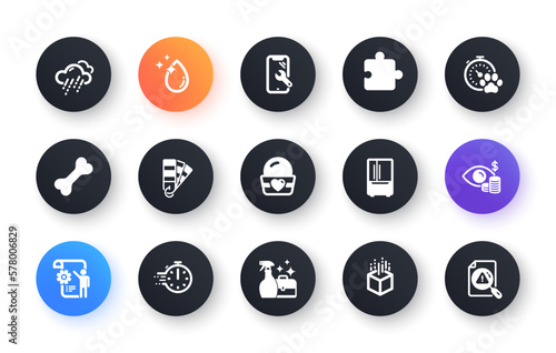 Minimal set of Cleanser spray, Smartphone repair and Cooking timer flat icons for web development. Palette, Settings blueprint, Water drop icons. Puzzle, Business vision. Vector