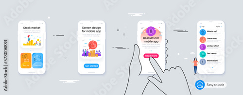 Helping hand, Leadership and Dumbbells workout minimal line icons. Phone ui interface. Users chat, Remove account, Freezing icons. Like hand, App settings, Restaurant app web elements. Vector