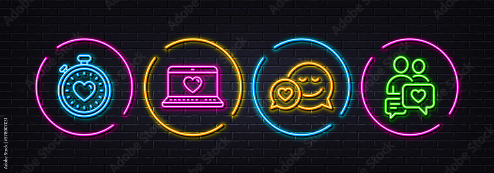 Web love, Heartbeat timer and Dating minimal line icons. Neon laser 3d lights. Dating chat icons. For web, application, printing. Social network, Love stopwatch. Neon lights buttons. Vector Web love, Heartbeat timer and Dating minimal line icons. Neon laser 3d lights. Dating chat icons. For web, application, printing. Social network, Love stopwatch. Neon lights buttons. Vector