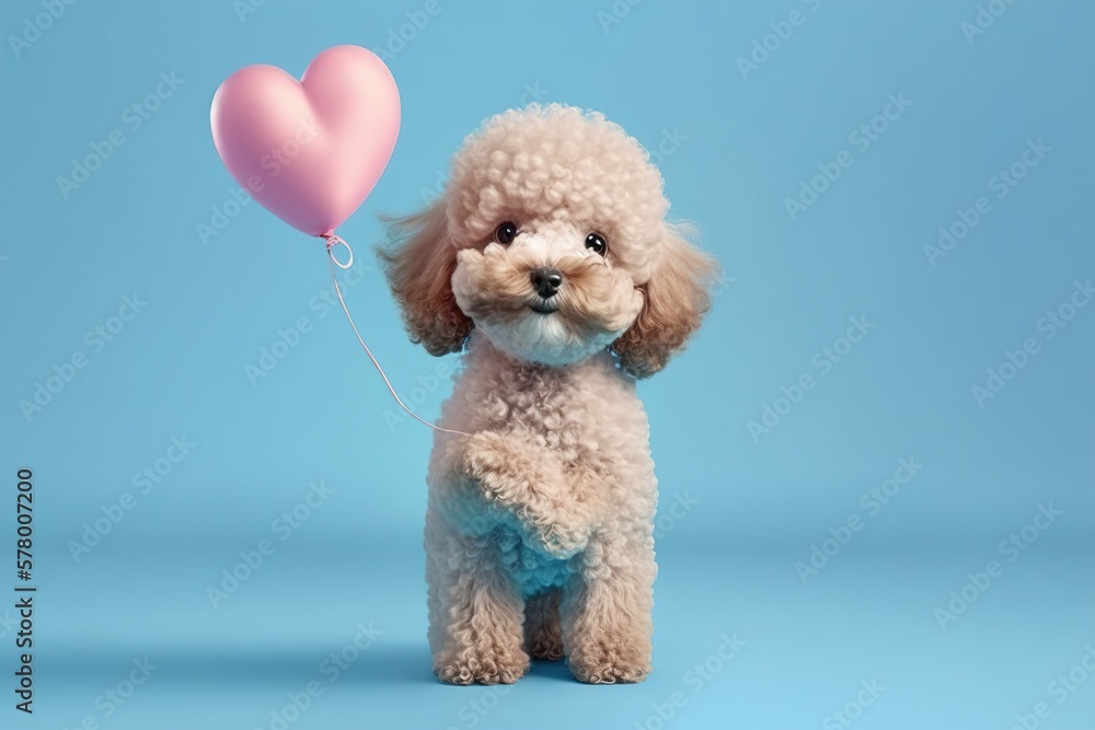 poodle with a heart-shaped balloon on a blue background. Generative AI poodle with a heart-shaped balloon on a blue background. Generative AI