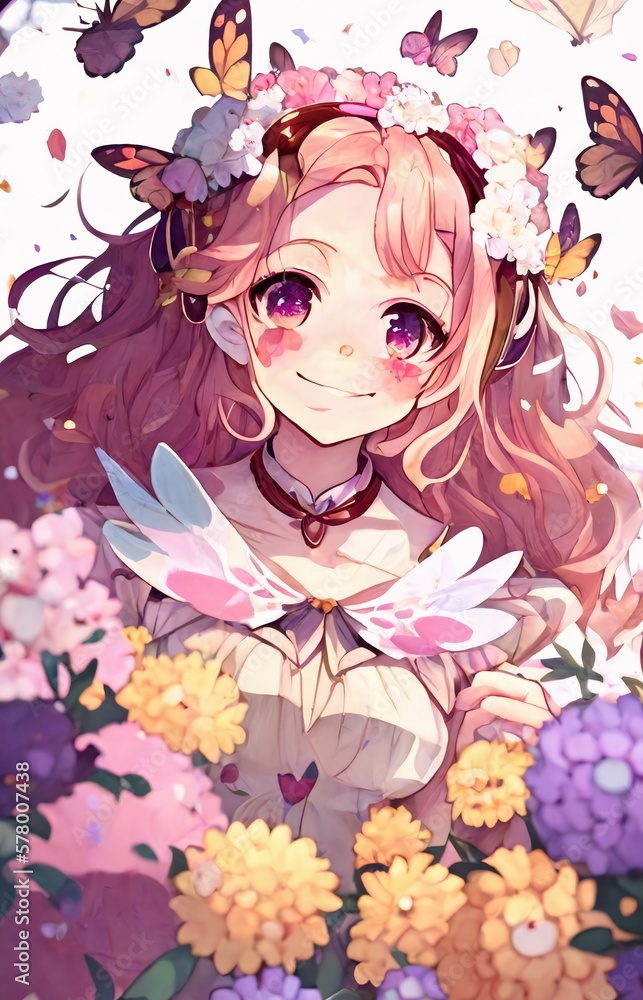 Cute Anime Girl - Kawaii Waifu. Generative AI. Stock Illustration