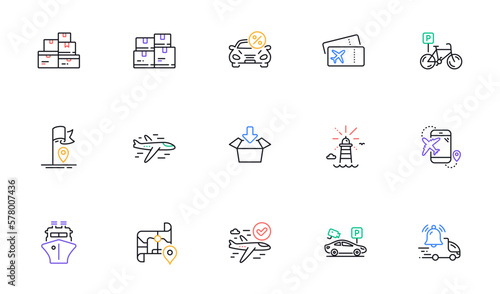 Wholesale goods, Flag and Ship line icons for website, printing. Collection of Confirmed flight, Delivery notification, Map icons. Car leasing, Boarding pass, Get box web elements. Vector