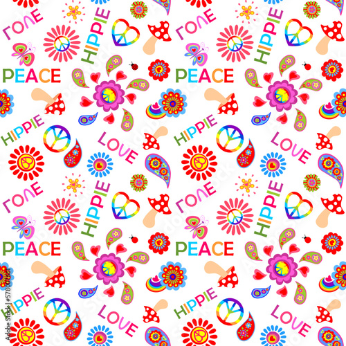 Colorful childish seamless print with flower-power, hippie peace symbols, paisley, butterfly, mushroom and love, peace, hippie words on white background