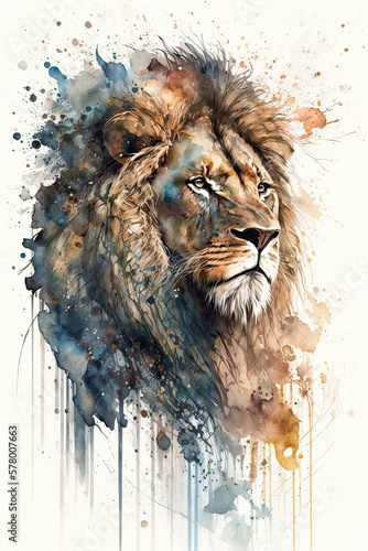 Vieux lion, façon aquarelle, matérialisé par IA