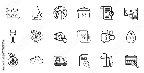 Outline set of Hold heart, Inspect and Medical food line icons for web application. Talk, information, delivery truck outline icon. Include Report, Boiling pan, Dot plot icons. Vector