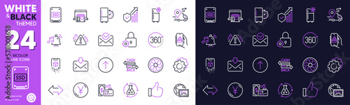 Sync, Fan engine and Marketplace line icons for website, printing. Collection of Security statistics, Incoming mail, Alarm sound icons. Settings gears, Web photo. Bicolor outline icon. Vector