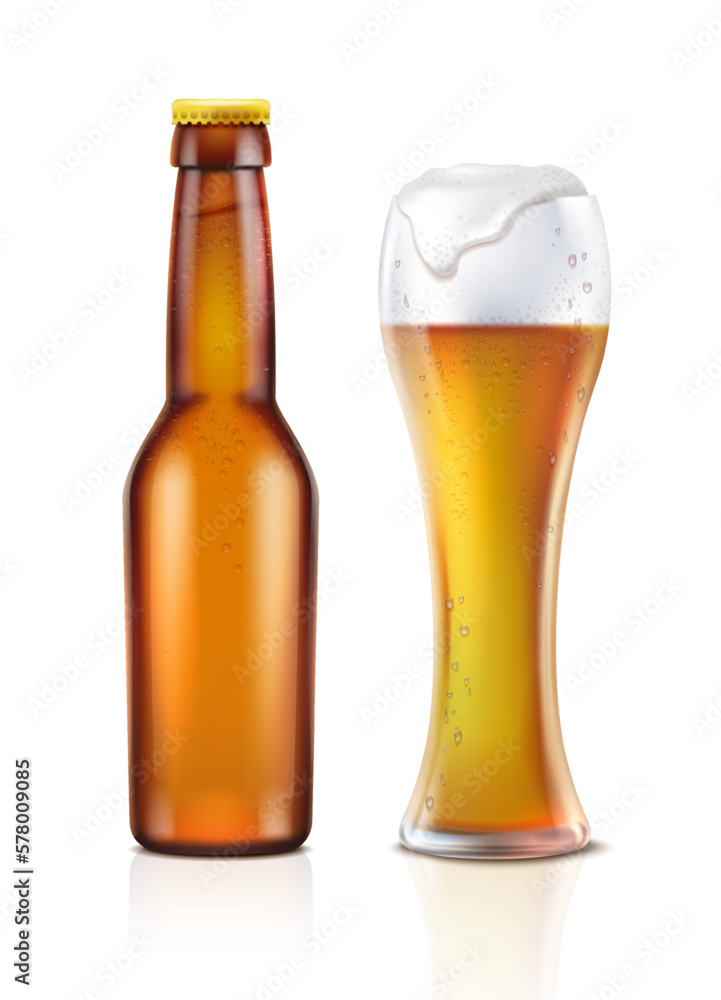 3d realistic vector icon. Brown transparent beer bottle with beer mug with foam. isolated on white background. 3d realistic vector icon. Brown transparent beer bottle with beer mug with foam. isolated on white background.