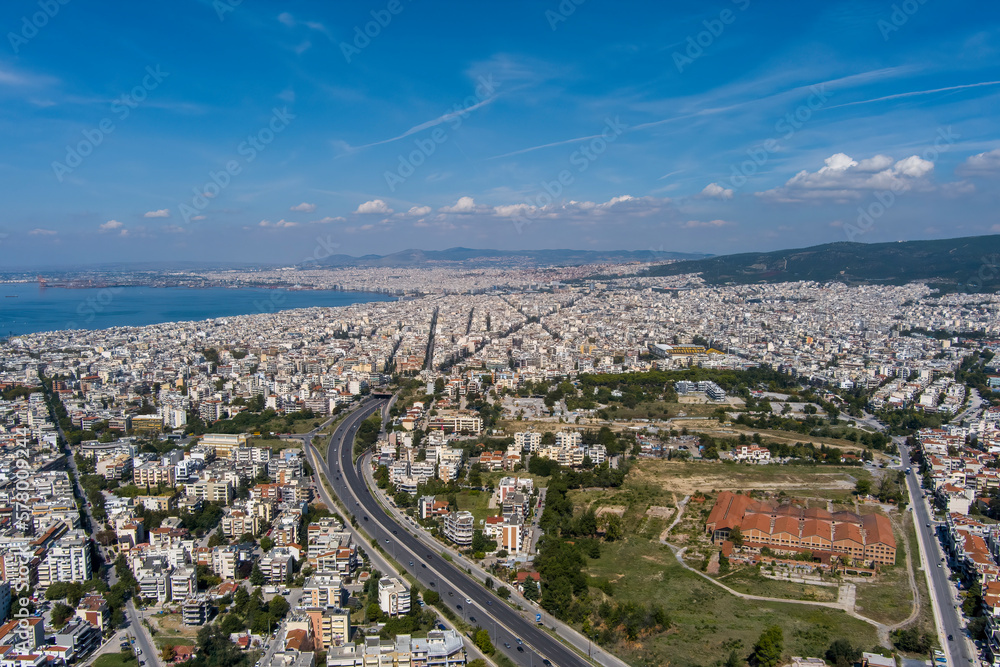Thessaloniki, Greece aerial drone landscape view of city road traffic on multi lanes avenue