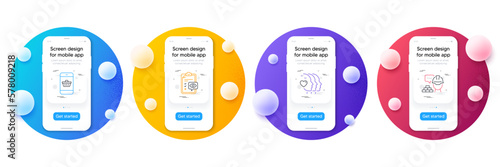 Minimal set of Smartphone buying, Friends couple and Eye checklist line icons for web development. Phone ui interface mockup with balls. Build icons. Website shopping, Friendship, Optometry. Vector