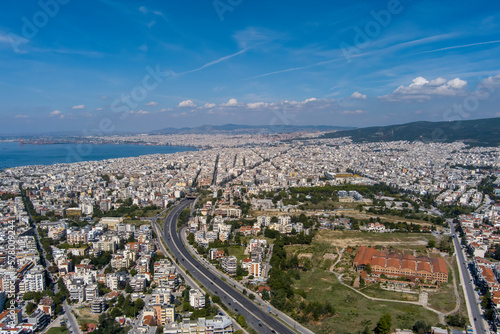 Thessaloniki, Greece aerial drone landscape view of city road traffic on multi lanes avenue