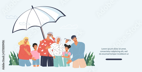 Family life and health insurance website banner template. Webpage interface mockup for life and medical insurance for family, flat vector illustration.