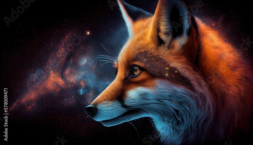 A Fox Among the Stars: A Wild Animal Face Portrait Framed by Galaxies, Stars, and a Dark Sky: Generative AI © AIGen