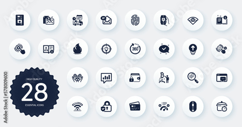 Set of Technology icons, such as Coffee vending, Cogwheel settings and Technical algorithm flat icons. Boiling pan, Lock, Fire energy web elements. Analytical chat, 360 degrees. Circle buttons. Vector