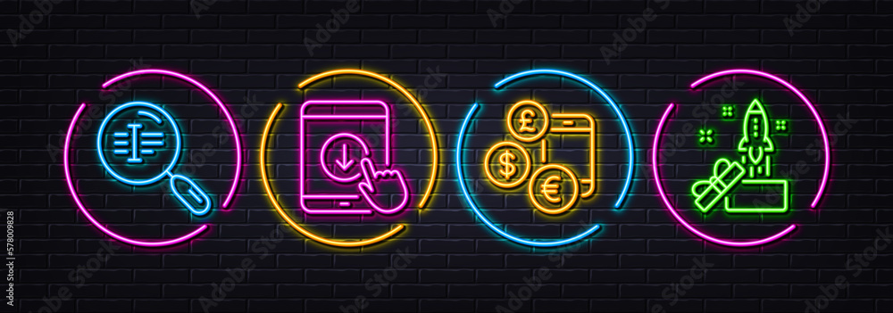Search text, Scroll down and Currency rate minimal line icons. Neon laser 3d lights. Innovation icons. For web, application, printing. Find word, Swipe arrow, Online exchange. Crowdfunding. Vector