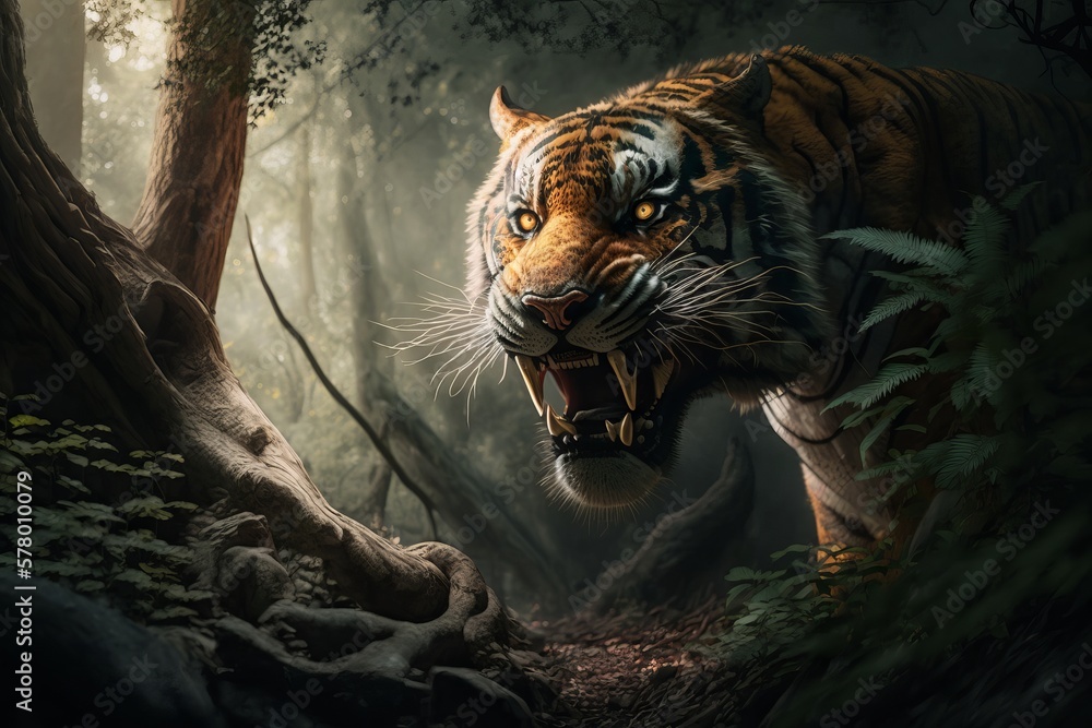 The tiger stood in the deep forest.