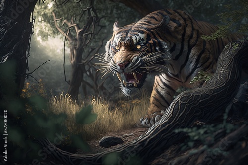 Canvastavla The tiger stood in the deep forest.