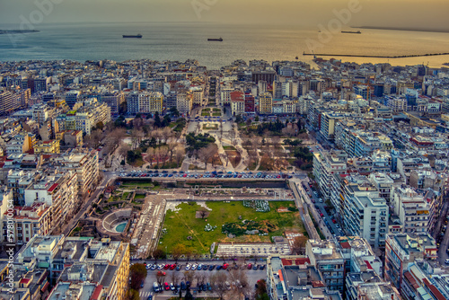 Aerial view of famous Aristotelous Square in Thessaloniki city at twilight, Greece.