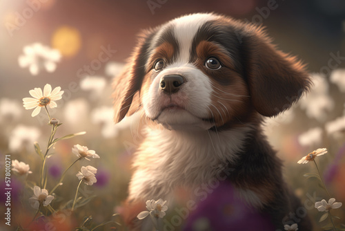 Cute saint bernard puppy portrait on a blooming background and natural light. High detailed illustration generated by AI.  photo