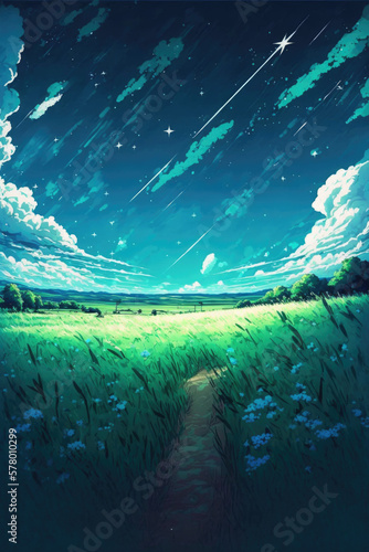 green fields background bright blue sky into space © DIYProjects