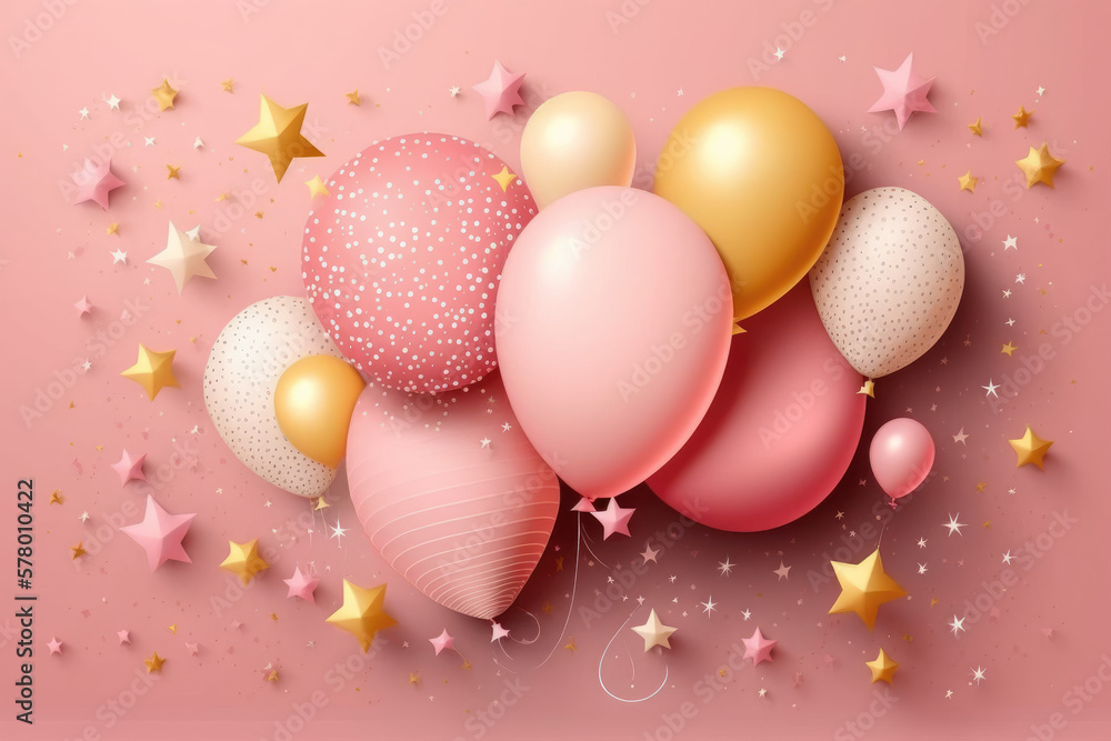 3d pink and yellow air balloons on pink background with stars and confetti. Generated with AI. 3d pink and yellow air balloons on pink background with stars and confetti. Generated with AI.