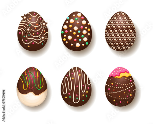 set of Easter chocolate eggs with decorative elements. Isolated design object on white background. Vector realistic image of festive confectionery, dessert, sweetness, bakery 