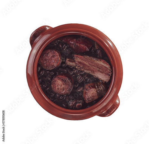 Brazilian meal feijoada food in clay pot - PNG file in top view