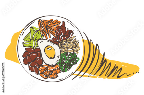 Traditional Korean dish bibimbap on a yellow background. Asian food. Healthy food. Vector illustration for any design.