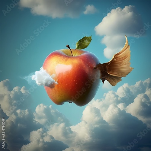 Red Apple  a flying red apple with wings. Fantastic design. Cloudy background. Generative AI.